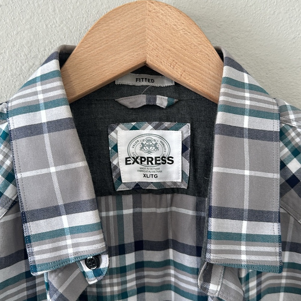 Express Men's Fitted Snap Button Down Plaid Shirt… - image 3